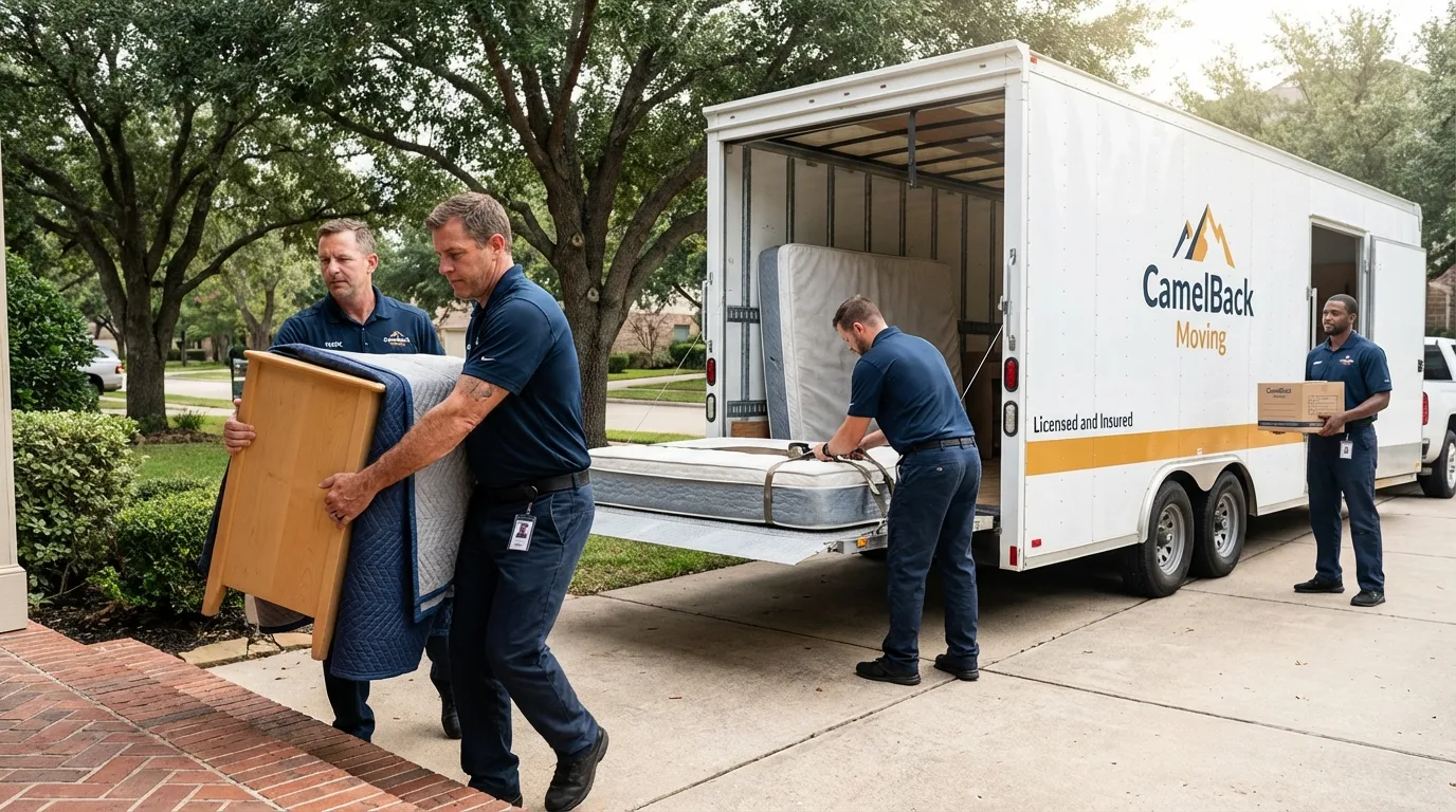 Crew loading residential truck for cross-state move from Dallas, NC
