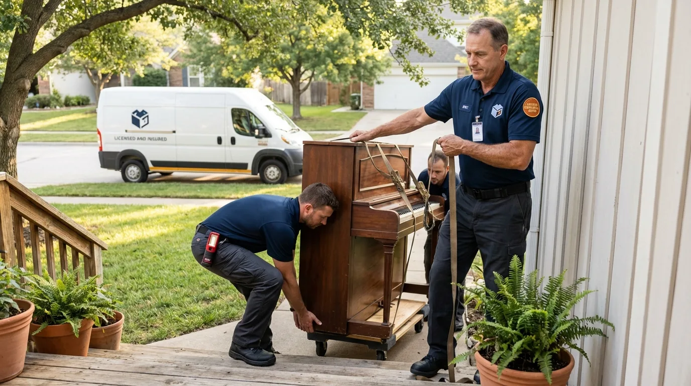 Licensed piano movers securing grand piano in Dallas, NC