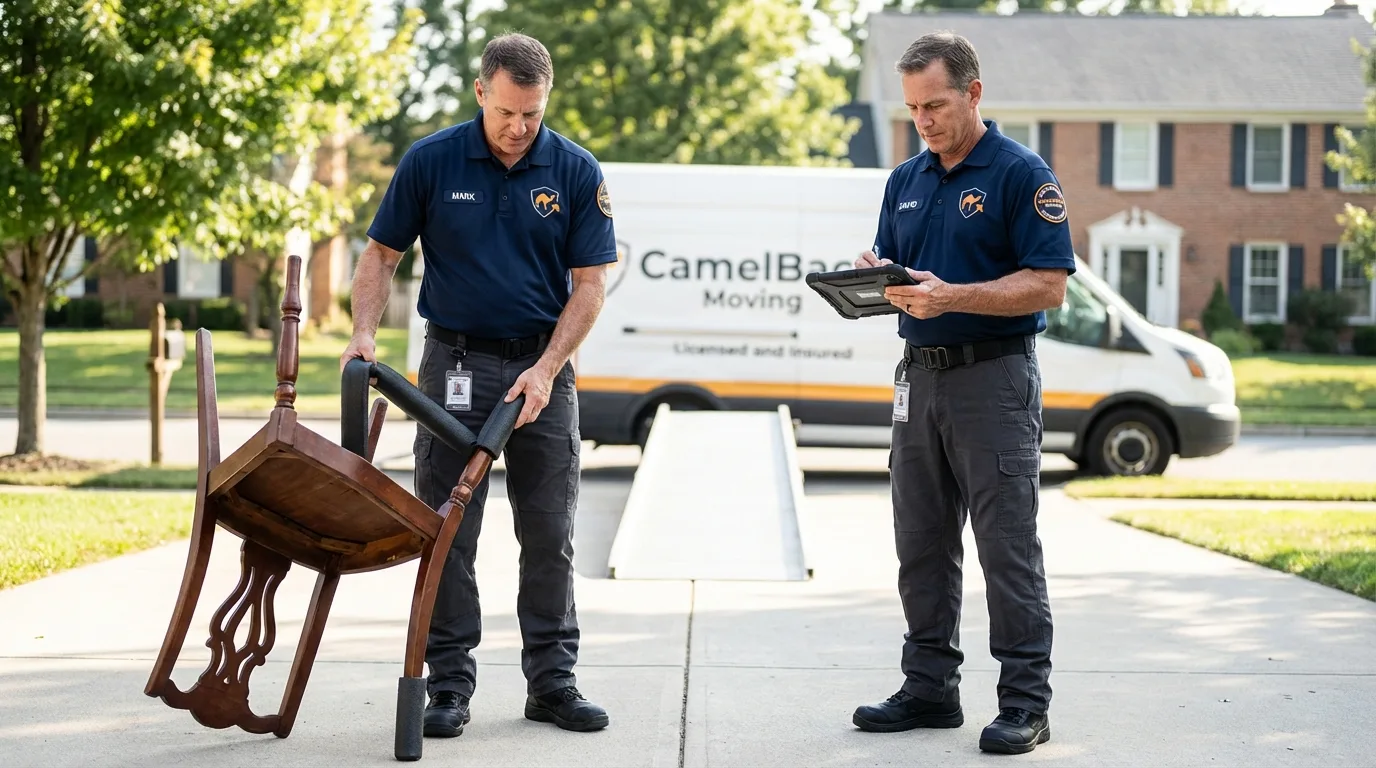 Movers inspecting furniture for damage prevention before loading in Dallas, NC