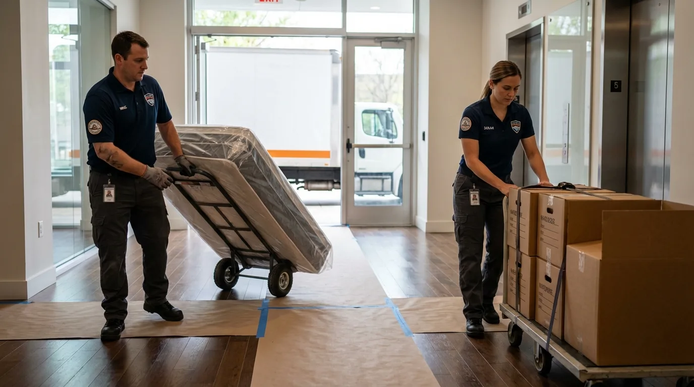 Professional apartment movers loading elevator in Dallas, NC